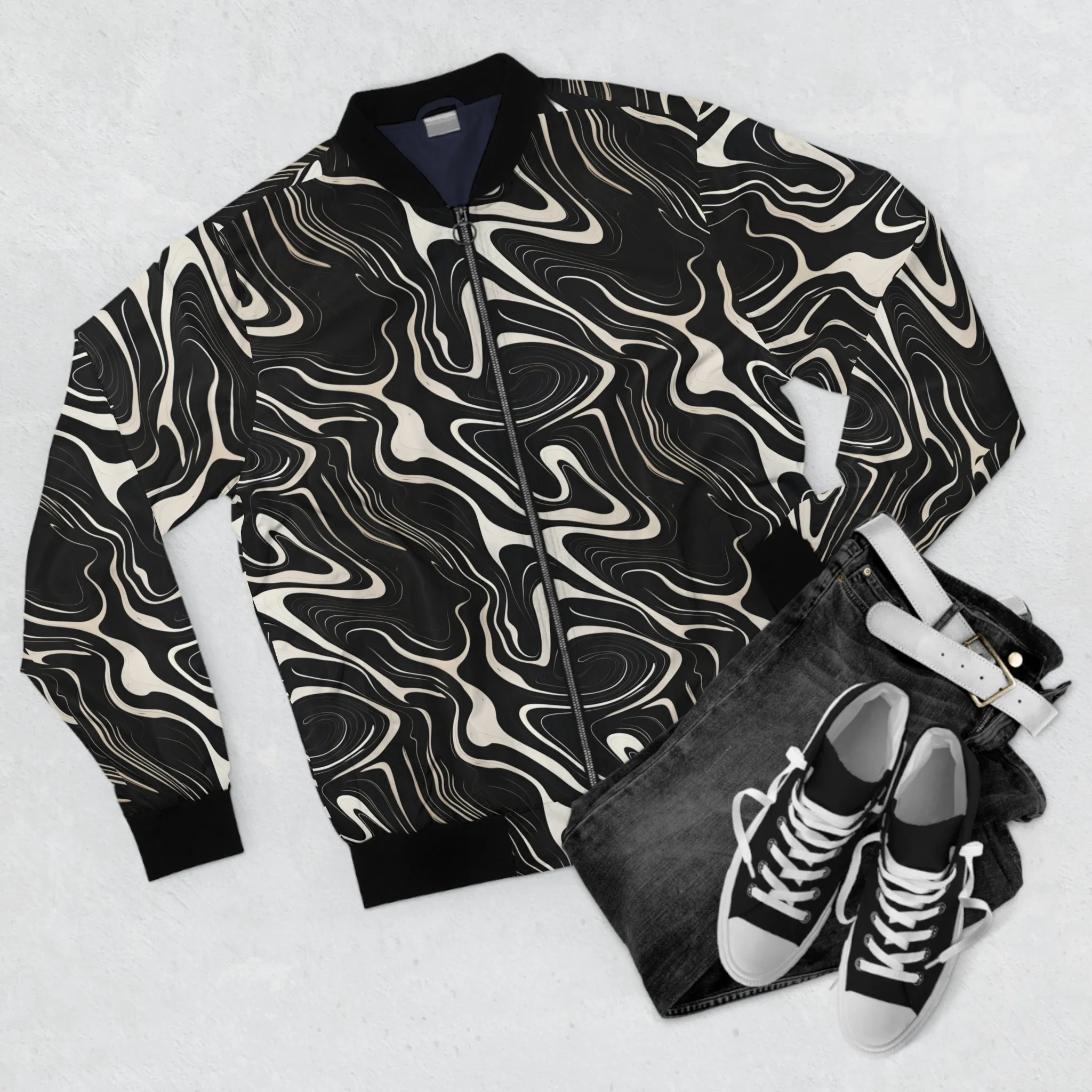 Wavy Black and White Abstract Pattern Lightweight Bomber Jacket