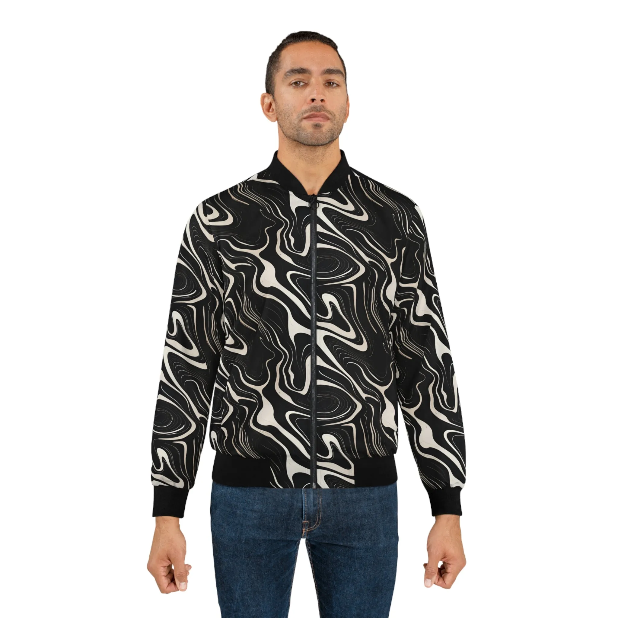 Wavy Black and White Abstract Pattern Lightweight Bomber Jacket