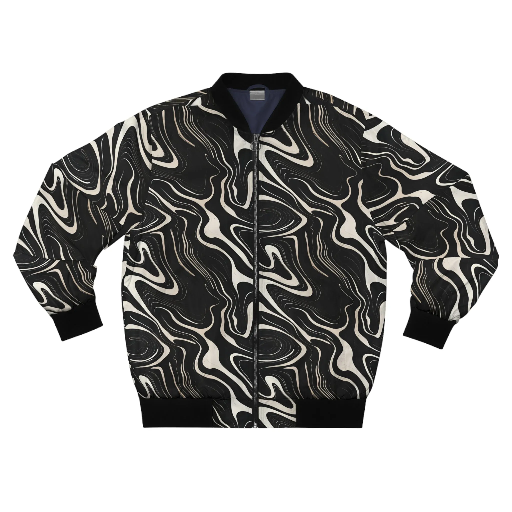 Wavy Black and White Abstract Pattern Lightweight Bomber Jacket